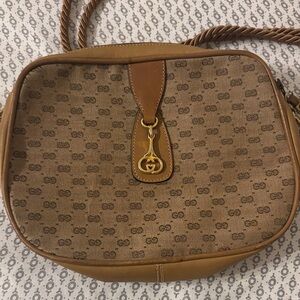 Gucci Brown Tan Monogram Crossbody with Gold GG Charm